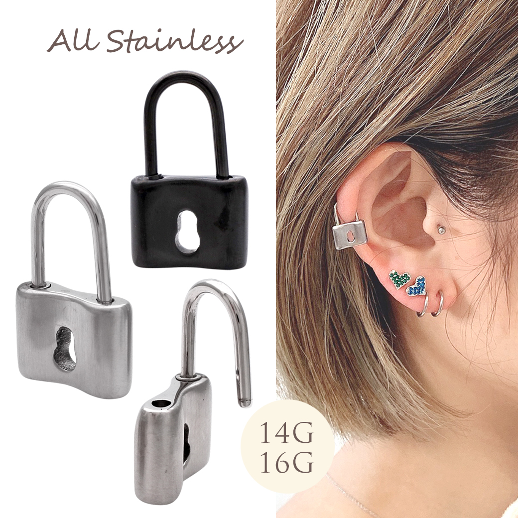【11月再入荷】［16G 14G ］オールステンレス素材が嬉しい！厚みのあるフォルムでインパクト を狙う。デザインの効いた南京錠 モチーフ 鍵 軟骨ピアス ヘリックス ロブ ボディピアス 1108