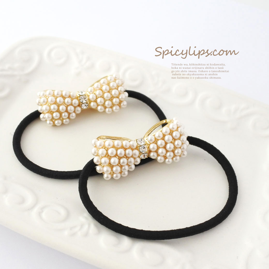 程よい甘さが◎ぷっくりリボン×ホワイトパールヘアゴム7010