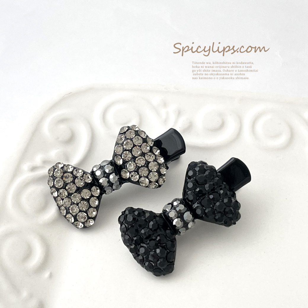 前髪・サイドスタイルなどワンポイント使いが可愛い♪ブラックリボンラインストーンクリップ7026