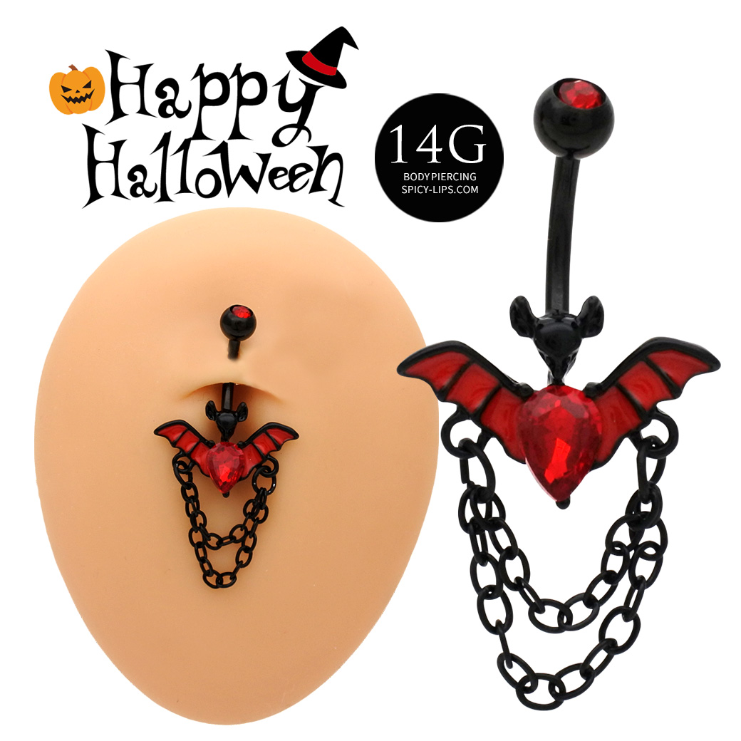 ◆～ハロウィン限定商品～◆[14G ]漆黒の翼を広げたコウモリ モチーフに揺れるチェーン を組み合わせたへそピアス ボディピアス 0883