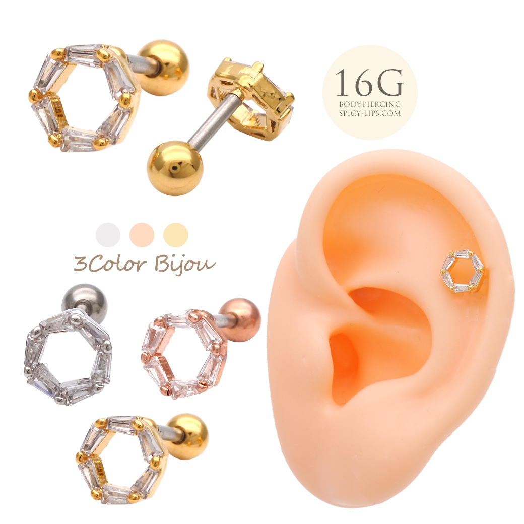  ［16G］キュービックが上品な輝きを放つ サークル デザイン ストレート軟骨ピアス ヘリックス ボディピアス 0450