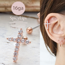 【6月再入荷】［16G］◇SPICYLIPSオリジナル◇存在感のある上品CZクロス。女の子を可愛く見せるピンクゴールド 選べる内径6mm8mm 軟骨ピアス ヘリックス ボディピアス 1146