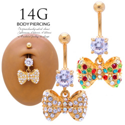 ★スペシャル★プライス★[14G]キュートさが数段アップ♪キラキラと豪華なぷっくり大きめリボンへそピアスボディピアス0221