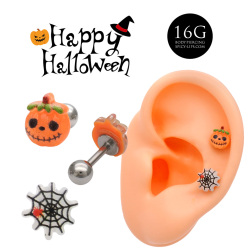 ◆～ハロウィン限定商品～◆［16G ］ ハロウィン のイベントに♪ 仮装衣装に合わせて選べる パンプキン クモの巣 モチーフ パーティー ストレート 軟骨ピアス ヘリックス ボディピアス 0524