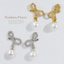 両耳セット ピアス 上品で愛らしい キュービック リボン パール 【素材14Kgp 】 0845