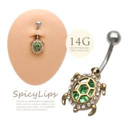 ★スペシャル★プライス★[14G ]クリスタル ラインストーンがキラキラ ！ グリーンタートル 亀 かめ カメ へそピアスボディピアス 0572