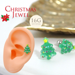 【12月新作】［16G ］★クリスマス 限定★ころんと立体的なツリー 透明感たっぷりで、耳元を一気にクリスマス 気分にストレート 軟骨ピアス ヘリックス ボディピアス 0924
