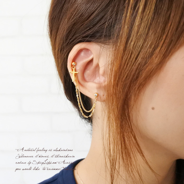 ピアス mizuho 16G］2つのホールを繋ぐチェーン☆スタイリッシュメタルクロス軟骨