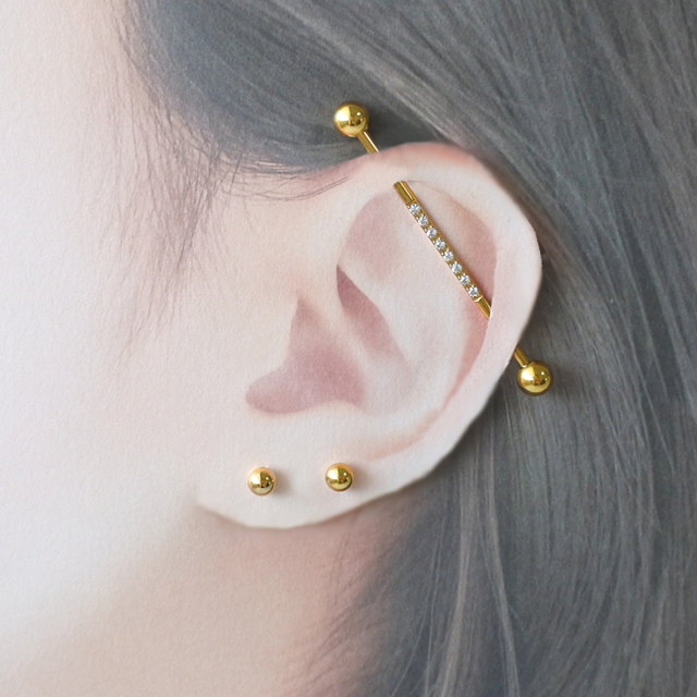 14G ］インダストリアル シンプル ラインストーン ピアス ストレート