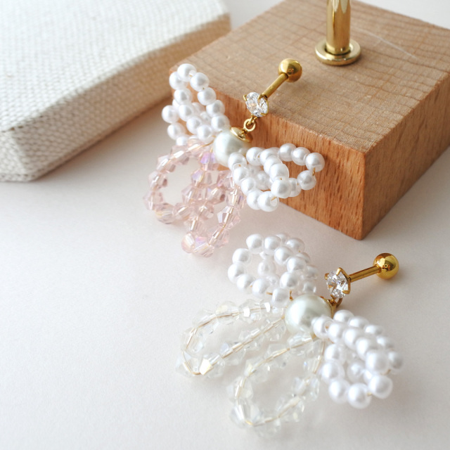 14G 16G ］耳元に映える♪存在感抜群 パール × ビーズ リボン チャーム