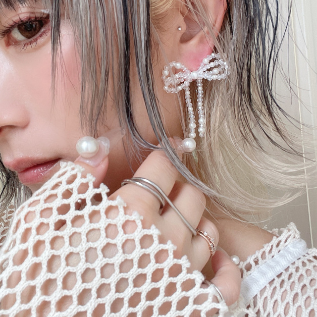 16G ］耳元に映える♪ BIG パール × ビーズ リボン ストレート