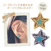 【4月再入荷】［14G 16G ］コーデにパンチを効かせるターコイズスター軟骨ピアスボディピアス 0381