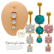 【10月再入荷】[14G]大粒の存在感と輝きがワンランク上３連ダイヤゴールドへそピアスボディピアス0088