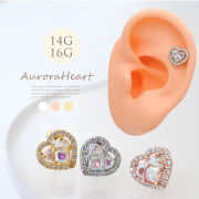 【11月再入荷】［14G 16G ］角度によって表情変わる オーロラ CZ 縁取り ハート モチーフ heart ストレート 軟骨ピアス ヘリックス ボディピアス 0192