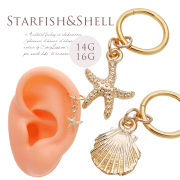 ［14G16G］夏のおしゃれに！大人可愛い【シェル】＆【スターフィッシュ】進化版セグメントリング★ワンタッチ式 ヒトデ 貝殻  軟骨ピアス ボディピアス 0281 夏アイテムtss