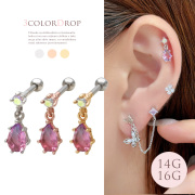 【7月新作】［14G 16G ］耳元で優雅に揺れる ピンク ストーン が魅力のドロップ デザイン 雫 キュービックジルコニア ティアドロップ ストレートバーベル ロブ 軟骨ピアス ヘリックス ボディピアス 0884