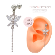 ［14G 16G ］ゆらゆら揺れて女っぽさを引き出す CZ バタフライ × チェーン 蝶々 butterfly 軟骨ピアス ヘリックス ボディピアス 0901