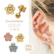 ［14G 16G ］遊び心あふれる可愛い スマイル ×フラワー デザイン ストレート 軟骨ピアス ヘリックス ボディピアス 1004