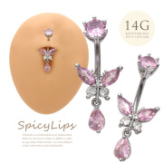 [14G ]美しいラインを描いた キュービック butterfly バタフライ へそピアス ボディピアス [ピンク]1083