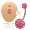 【11月新作】[14G ]豪華ダブル ピンク ラインストーン パヴェ へそピアス ボディピアス 0768