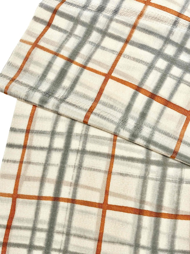 【帯揚げ】【ローケツ染め】【お洒落向き】【翁格子】【クリーム地/オレンジ・グレー】【鶉縮緬】【絹100%】【日本製】【業者在庫放出品 掘出し価格】【送料全国一律510円】