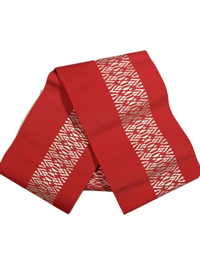 【本場筑前博多織】【四寸単衣帯】【浴衣帯】【半幅帯】【金印】【一本献上】【赤】【絹100%】【全通柄】【西村織物】【掘出し価格】【送料当店負担】【現品限り お値打ち価格】