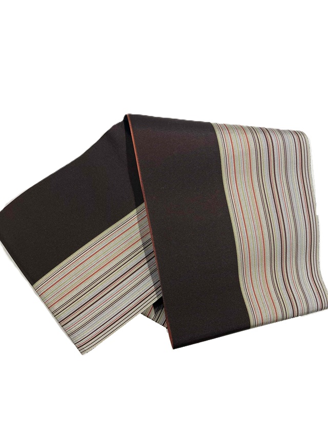 【本場筑前博多織】【四寸単衣帯】【浴衣帯】【半幅帯】【金印】【リバーシブル】【焦げ茶無地/マルチストライプ・レンガ地に唐草】【絹100%】【全通柄】【原田織物】【掘出し価格】【送料当店負担】【現品限り お値打ち価格】