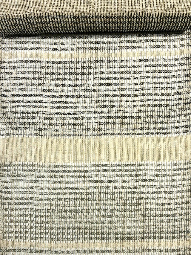 【手織り】【夏八寸名古屋帯】【羅織り】【段文】【生成り/グレー・黒段】【全通】【麻100%】【川口織物】【期間限定SALE】【送料当店負担】