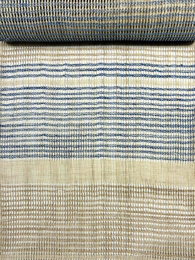 【手織り】【夏八寸名古屋帯】【羅織り】【段文】【生成り/ブルー段】【全通】【麻100%】【川口織物】【期間限定SALE】【送料当店負担】