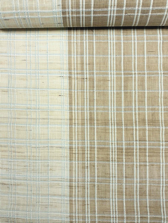 【手織り】【単衣・夏八寸名古屋帯】【からむし/苧麻100%】【生成り/茶/水色格子】【全通】【川口織物】【期間限定SALE】【送料当店負担】