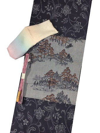 名古屋帯 藍染 花織 横縞 着物 015w 名古屋帯 藍染 花織 横縞 着物