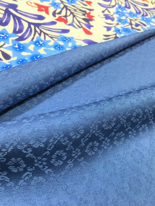 名古屋帯　縮緬　紺色　紅型 染め帯 名古屋帯 琉球 紅型 仕立てつき びんがた工房くんや謹製 証紙