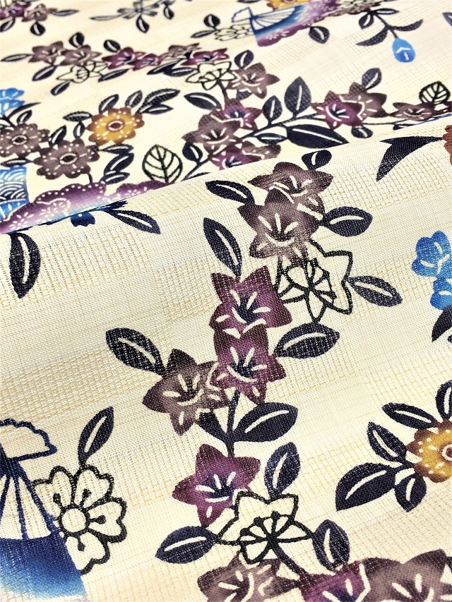 城間栄順 現代紅型の礎を築いた巨匠 小千谷麻布地 扇に小花｜着物