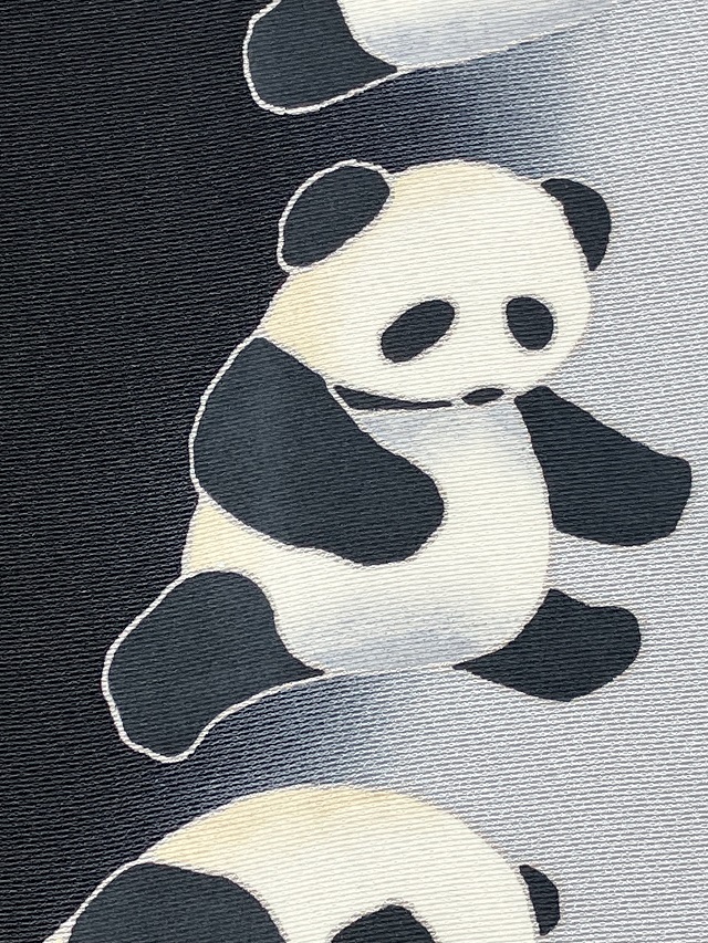 ☆正絹　塩瀬　手描き　染め　名古屋帯　白☆レア柄　パンダ　熊猫　お洒落 夢染里 愛くるしいパンダちゃん 十日町友禅染帯 九寸名古屋帯