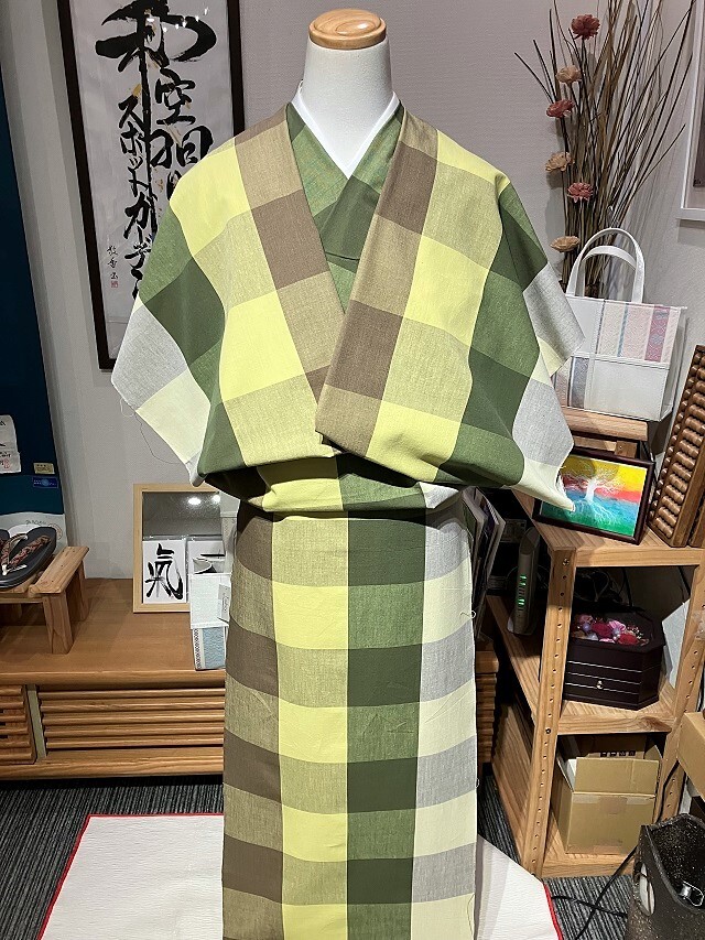 伊勢木綿 サラリと着こなすタウンユース木綿着物 ブロックチェック 