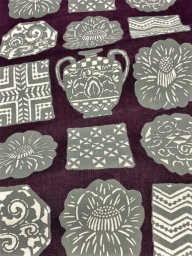 荒川眞理子 型絵染の世界 作品名「たからもの2」上田紬地 九寸名古屋帯