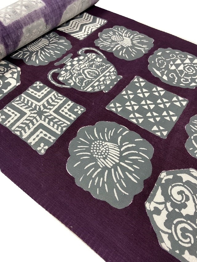 荒川眞理子 型絵染の世界 作品名「たからもの2」上田紬地 九寸名古屋帯