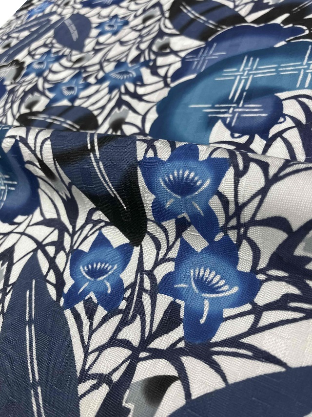 紅型染 九寸 名古屋帯 「ブーゲンビリアに蝶」 知念冬馬 6129 紅型 模様