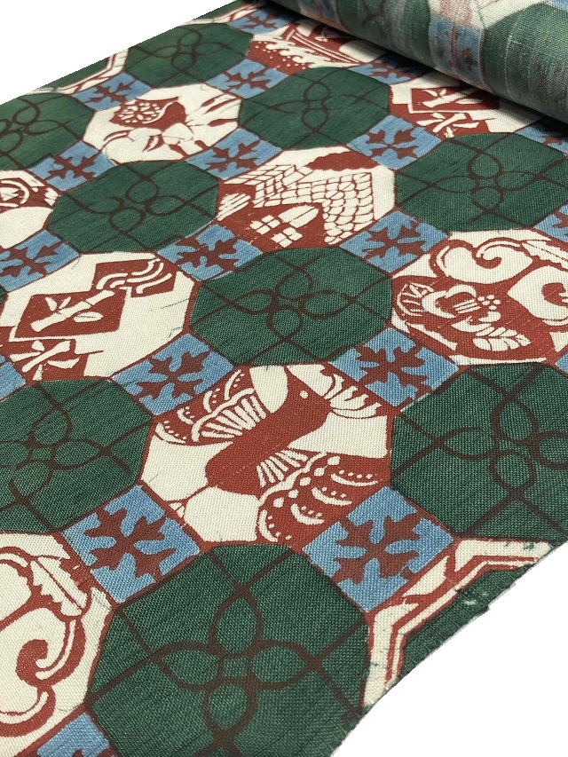 荒川眞理子 型絵染の世界 作品名「おもちゃ箱」上田紬地 九寸名古屋帯