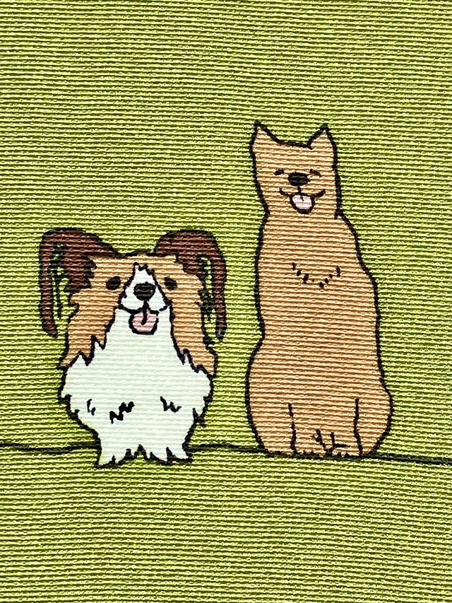 ワンちゃん整列。犬達が並んでお座り。型糸目友禅九寸名古屋帯 ｜着物