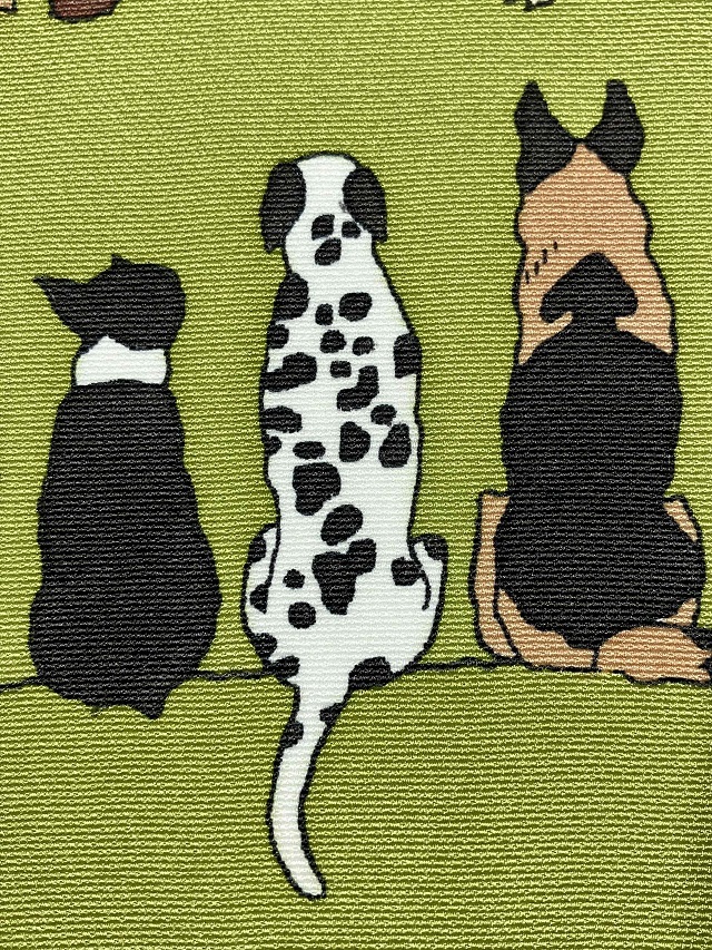 ワンちゃん整列。犬達が並んでお座り。型糸目友禅九寸名古屋帯 ｜着物