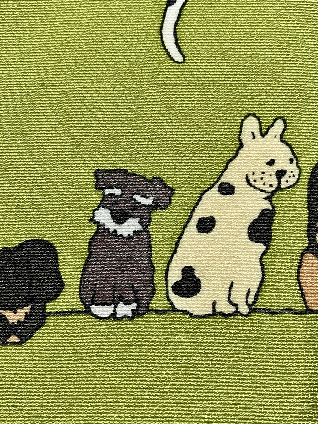 ワンちゃん整列。犬達が並んでお座り。型糸目友禅九寸名古屋帯 ｜着物