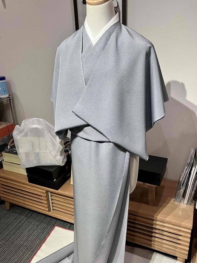 伊勢型写 両面小紋｜大小霰/よろけ万筋 ブルーグレー/紫｜着物セレクト 