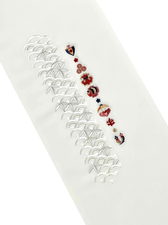 刺繍半衿 宝船・宝尽くし/青海波・福笹 日本製 白4｜着物セレクト専門