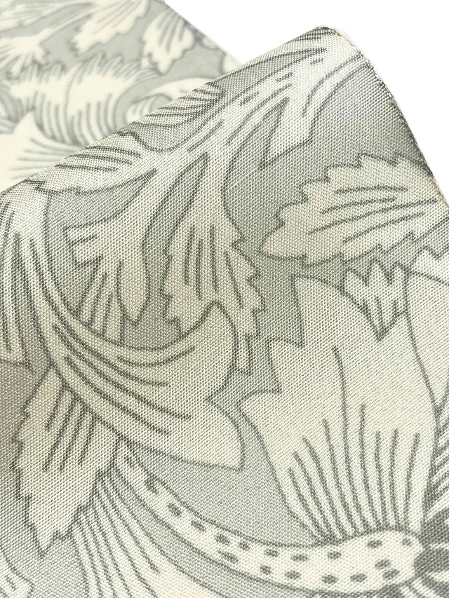 節紬 染め帯 ライトグレー×ブルー 更紗文様 正絹 六通 九寸名古屋帯 美品 節紬 染め帯 ライトグレー×ブルー 更紗文様 正絹 六通 九寸名古屋