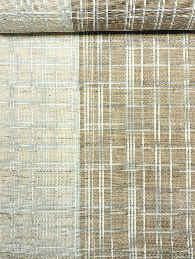 【手織り】【単衣・夏八寸名古屋帯】【からむし/苧麻100%】【生成り/茶/水色格子】【全通】【川口織物】【期間限定SALE】【送料当店負担】