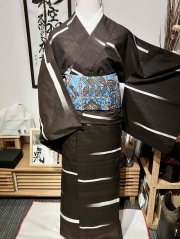 化繊紗紬風上布風小紋フルセット5点　琉球絣柄　小千谷縮風　新品　美品 化繊紗紬風上布風小紋フルセット5点 琉球絣柄 小千谷