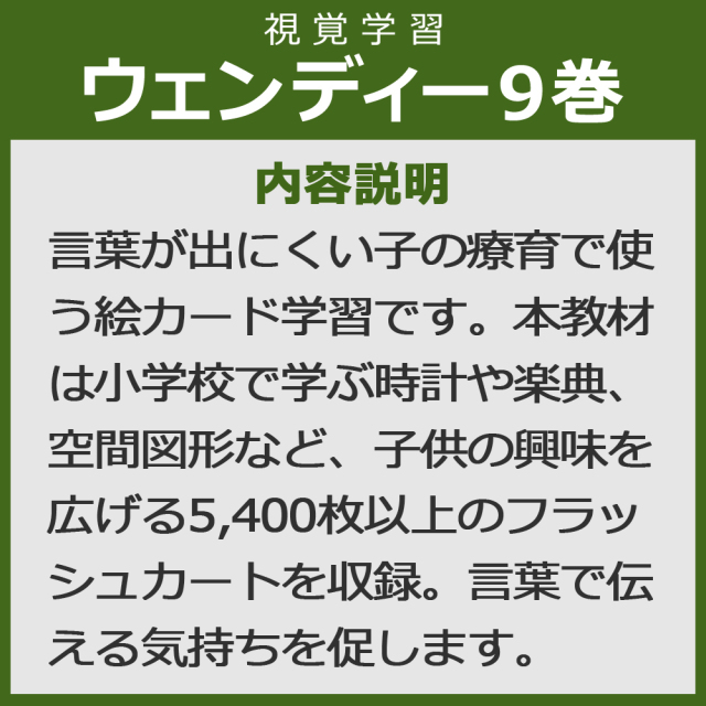 視覚学習 ウェンディー9巻【送料無料 即納】※DVDのケース変更に伴い価格がお安くなりました※ 星みつる式 フラッシュカード映像教材 発語がない・集中できない発達障害や自閉症の子供が絵カードで見て学ぶ! ウェンディー