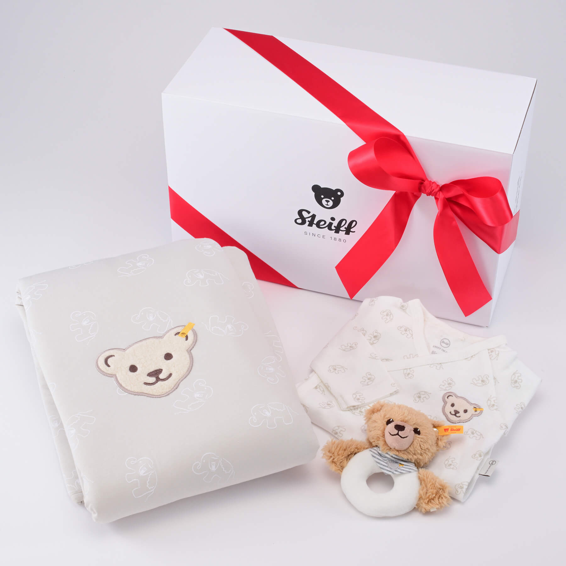 ギフトボックス3点セット グレー（ブランケット、ロンパース、グリップトイ）