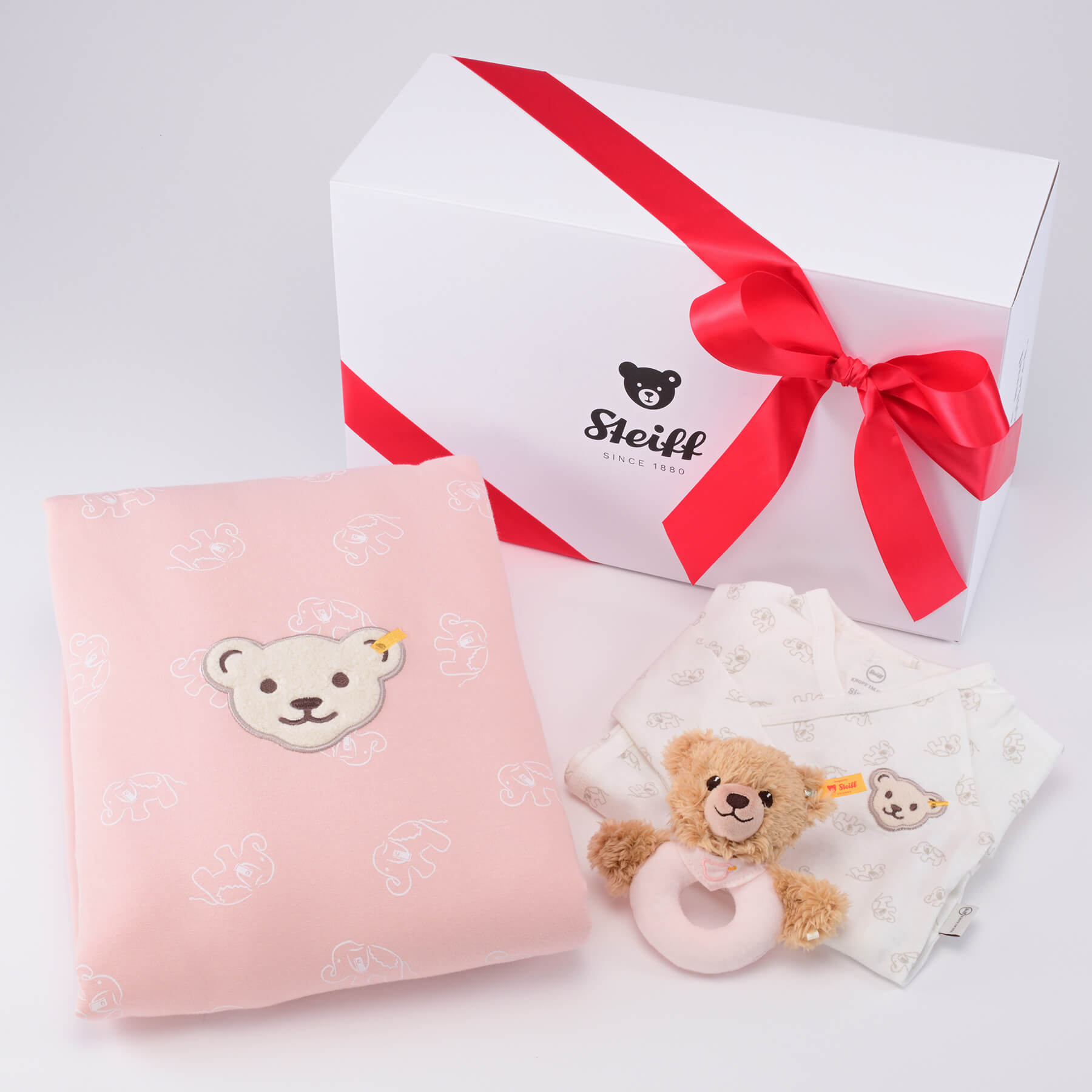 ギフトボックス3点セット ピンク（ブランケット、ロンパース、グリップトイ）